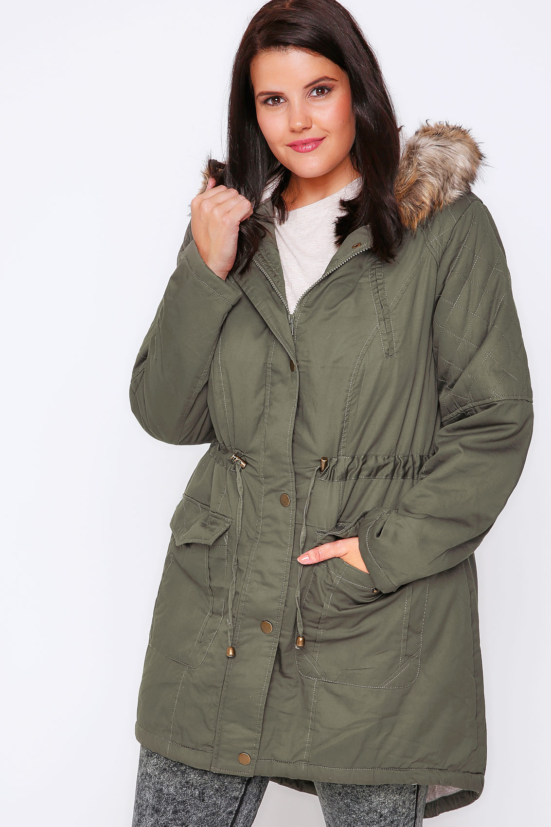 Khaki Twill Lined Parka With Fur Trim Hood Plus Size 16 to 36