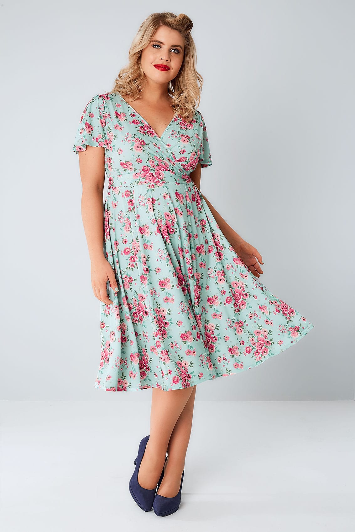 LADY VOLUPTUOUS Mint & Pink Ditsy Floral Lyra Dress plus size 16 to 32