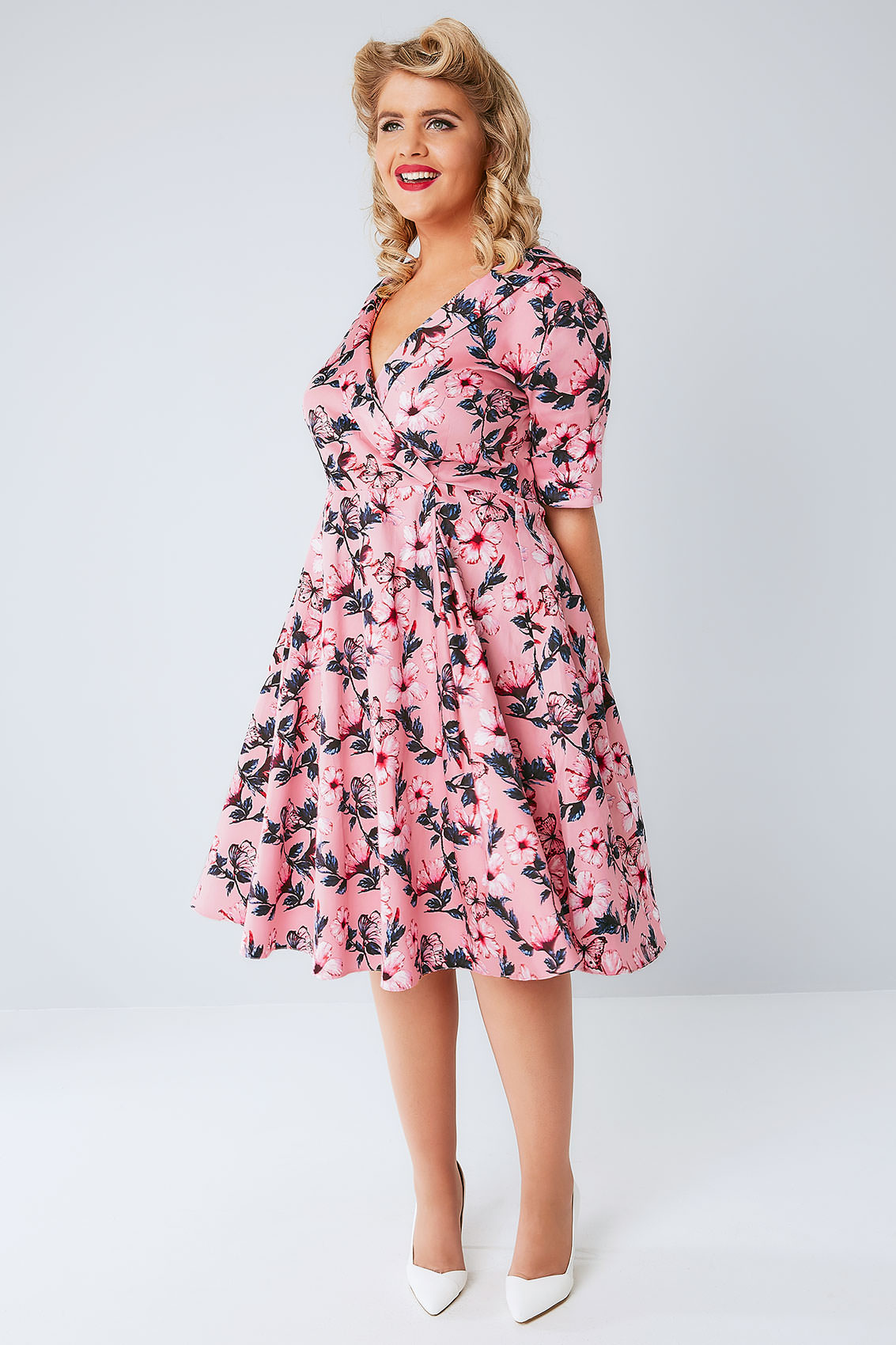 LADY VOLUPTUOUS Pink Butterfly Print Roxy Dress, Plus size 16 to 32