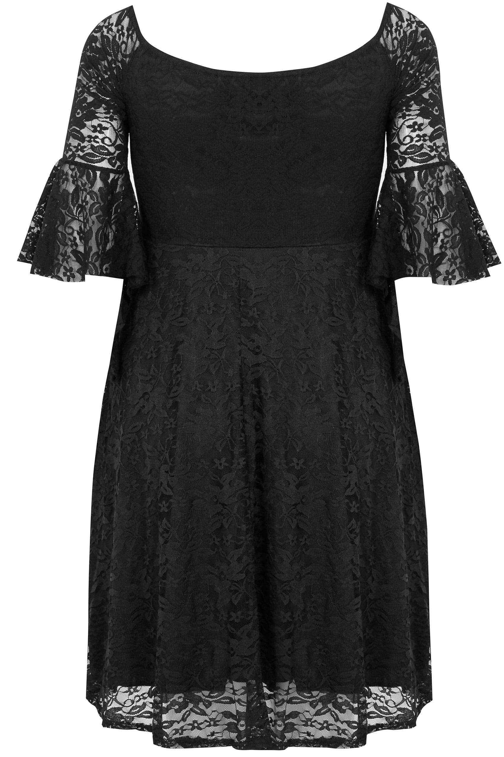 LIMITED COLLECTION Black Bardot Lace Dress With Flute Sleeves, Plus ...