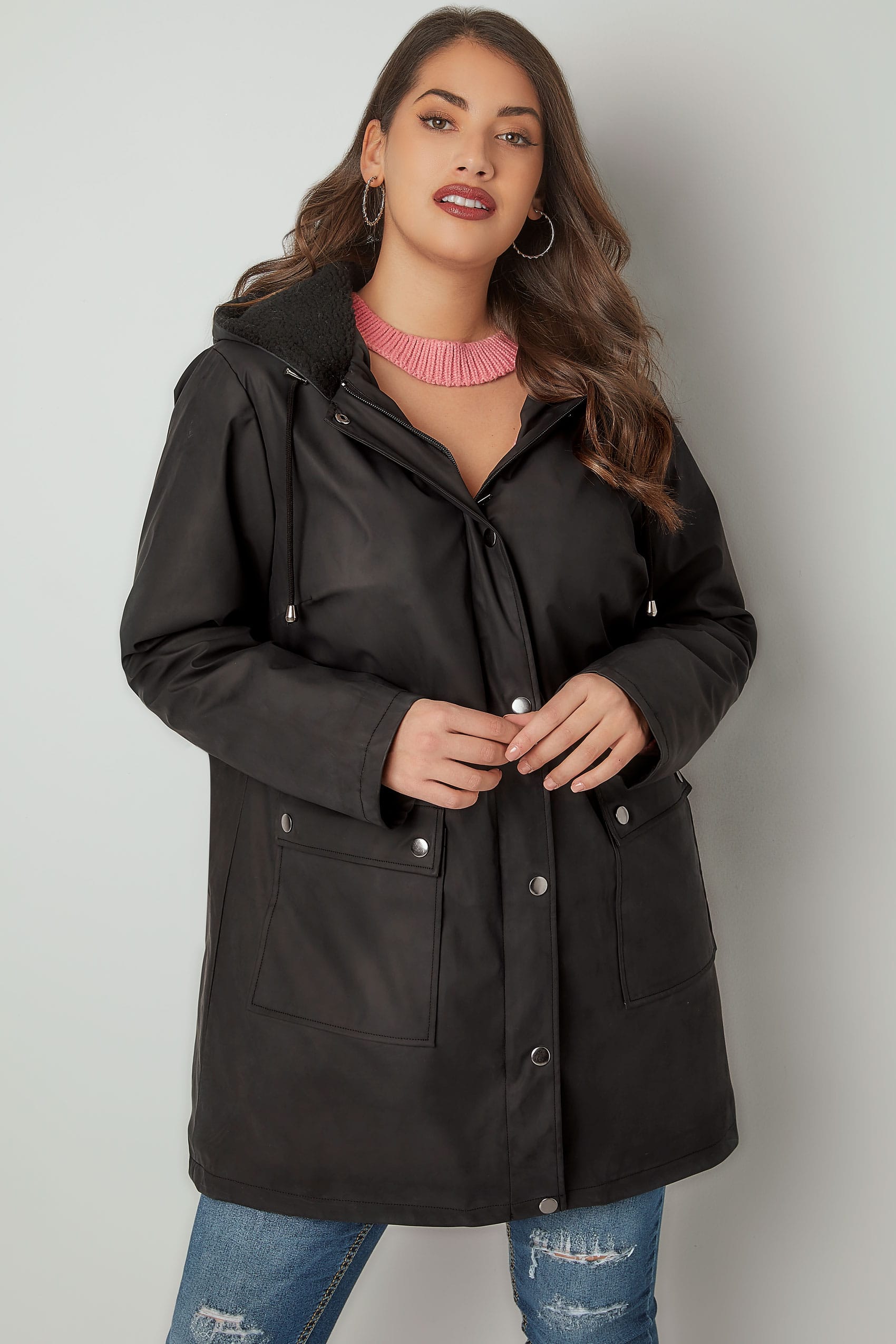 LIMITED COLLECTION Black Coated Mac With Sherpa Lined Hood, Plus size ...