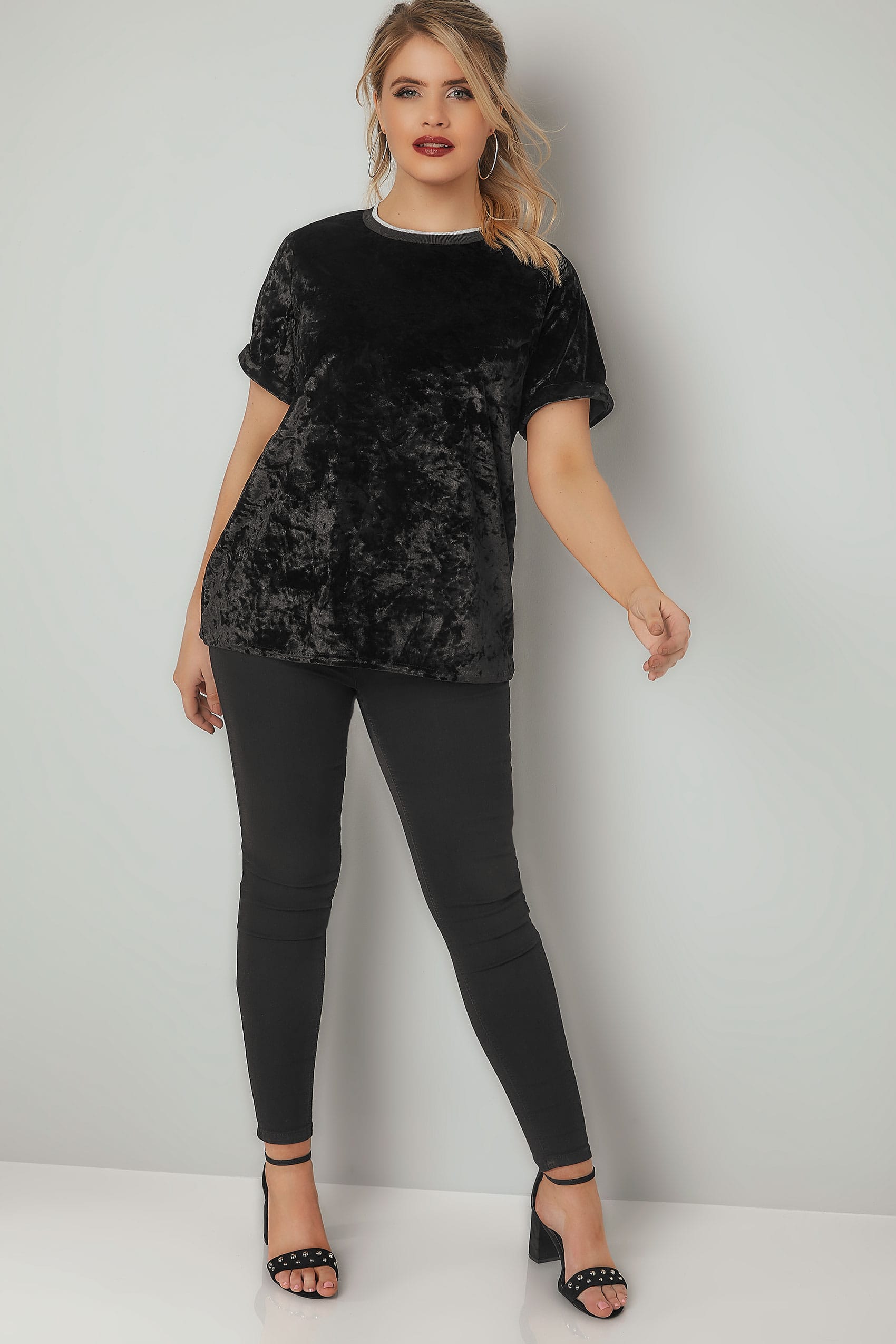 Limited Collection Black Crushed Velour Top With Tipped Trims Plus Size 16 To 32