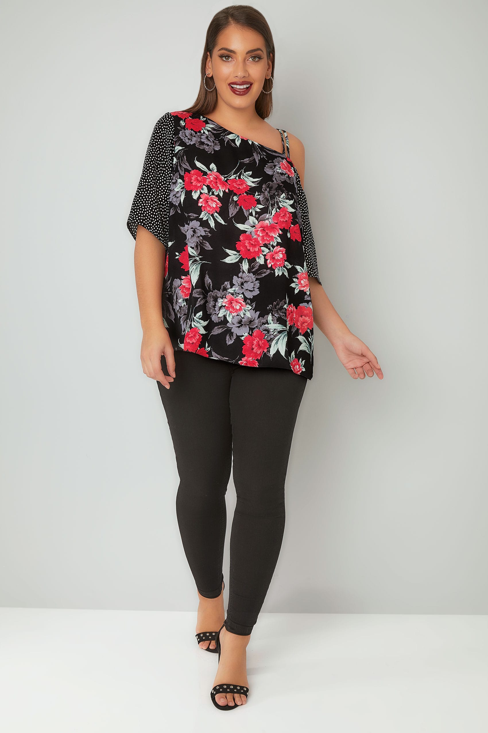LIMITED COLLECTION Black & Multi Floral & Dotty Print One Shoulder Top ...