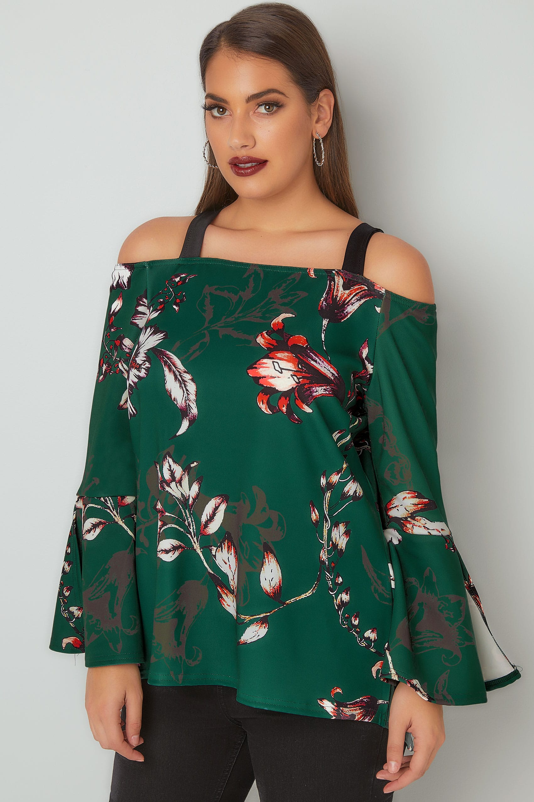 LIMITED COLLECTION Dark Green Floral Print Cold Shoulder Top With Flute ...