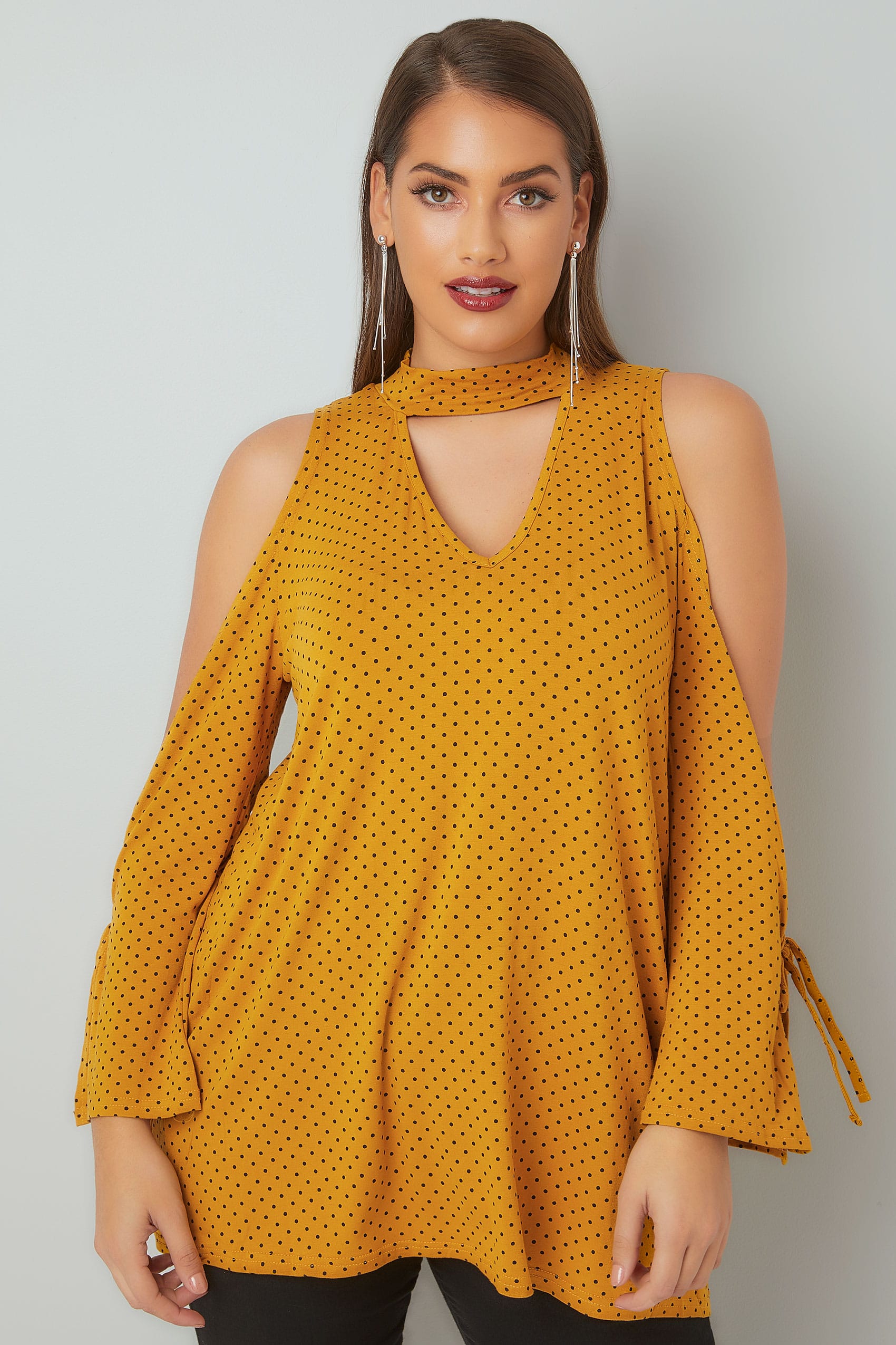 LIMITED COLLECTION Dark Yellow Polka Dot Open Arm Top With Choker Neck ...