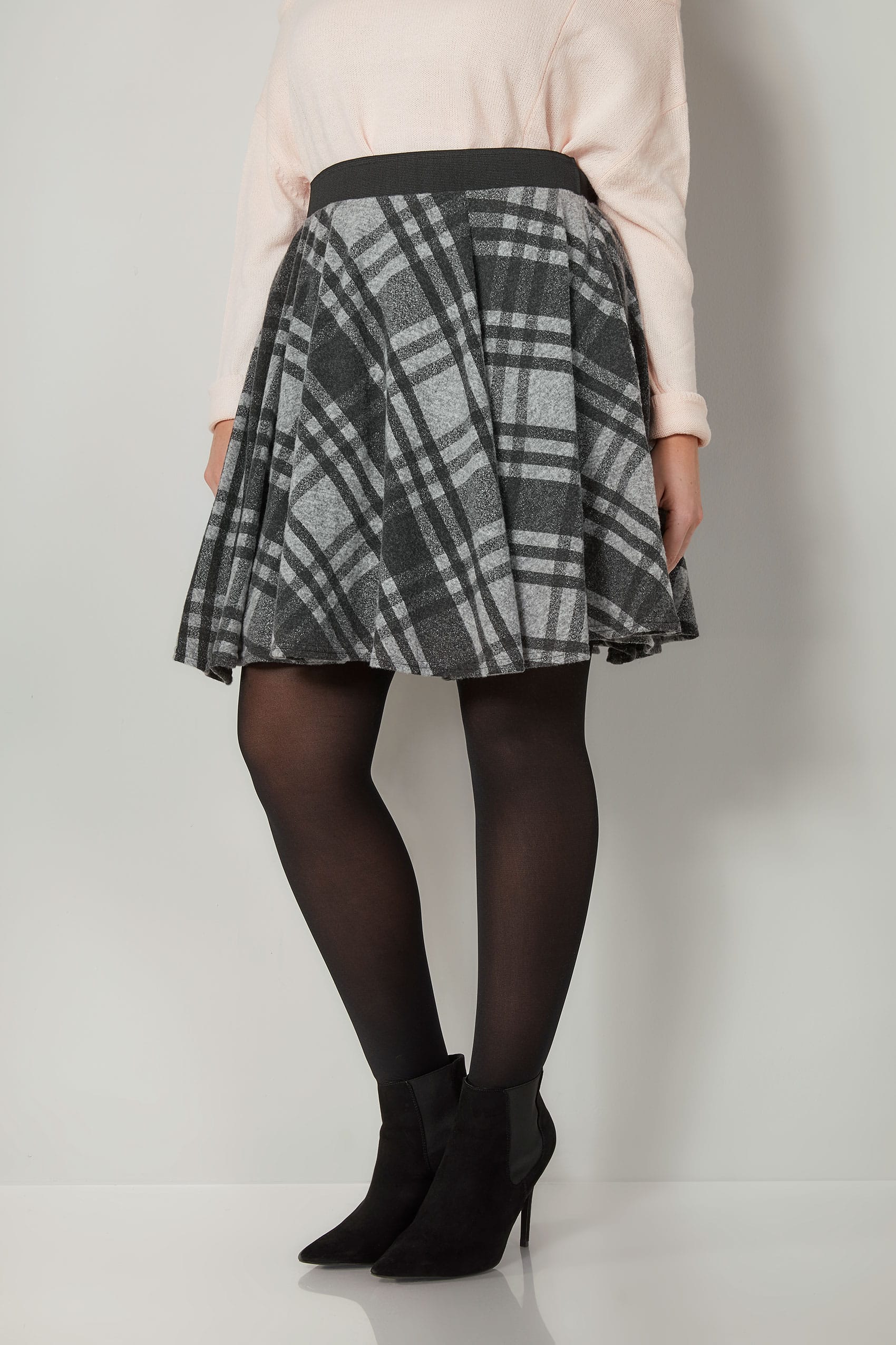 LIMITED COLLECTION Grey Checked Skater Skirt, plus size 16 to 32