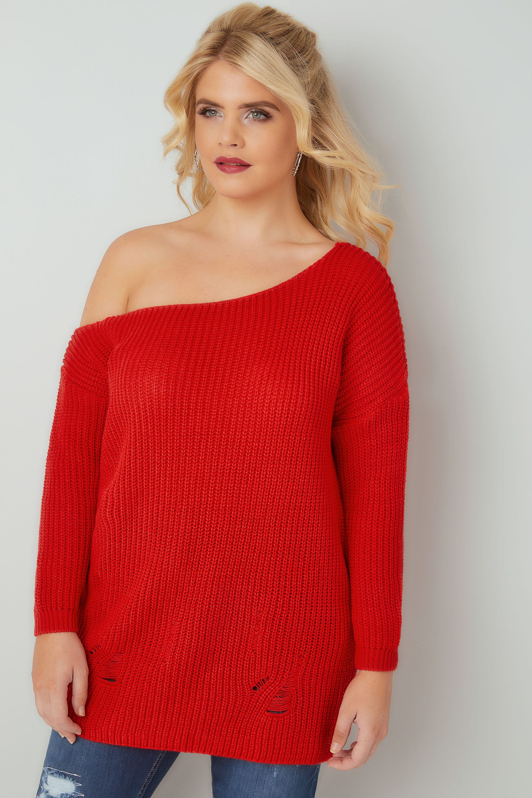 LIMITED COLLECTION Red Chunky Knit Asymmetric Jumper, Plus size 16 to 32