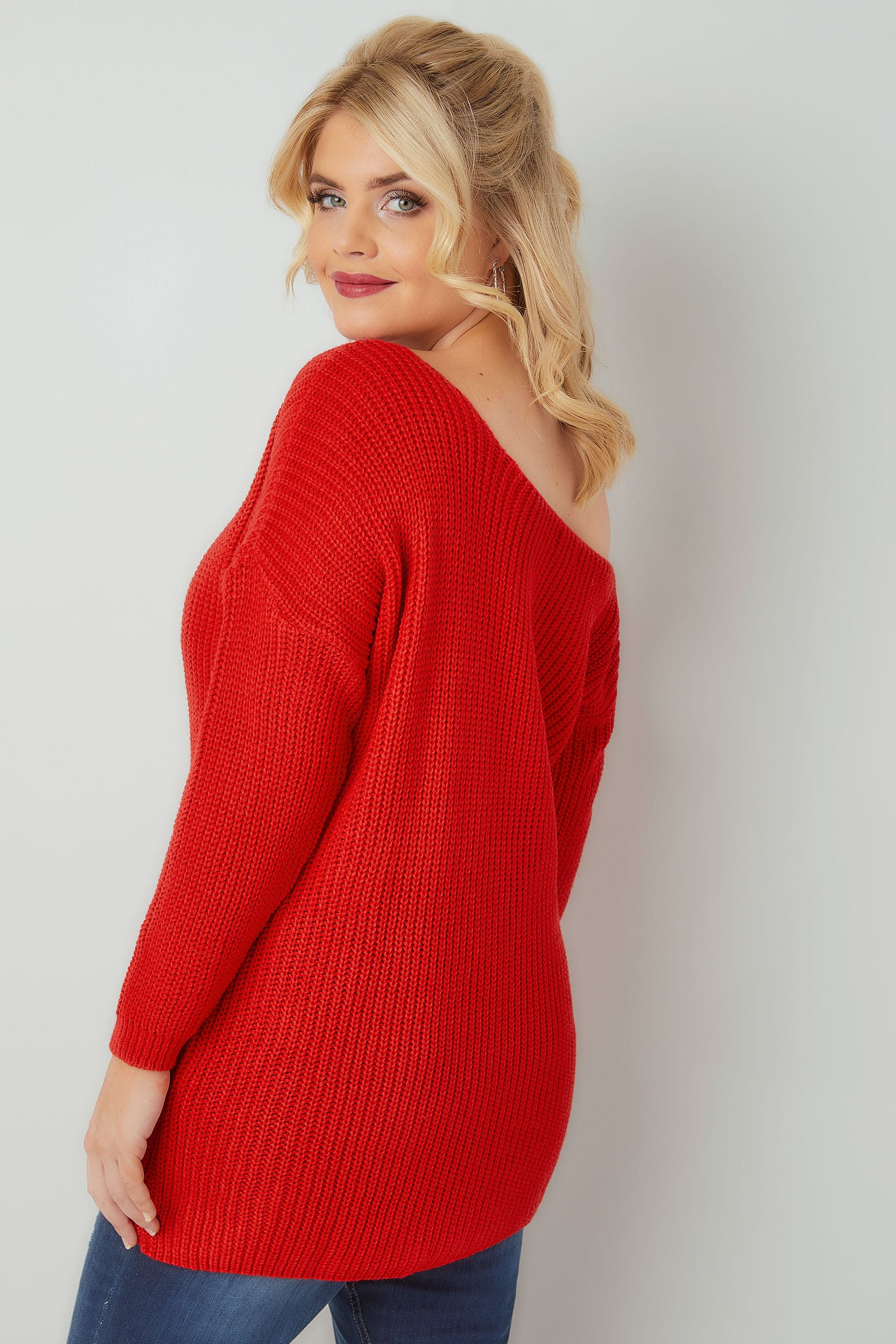 LIMITED COLLECTION Red Chunky Knit Asymmetric Jumper, Plus 