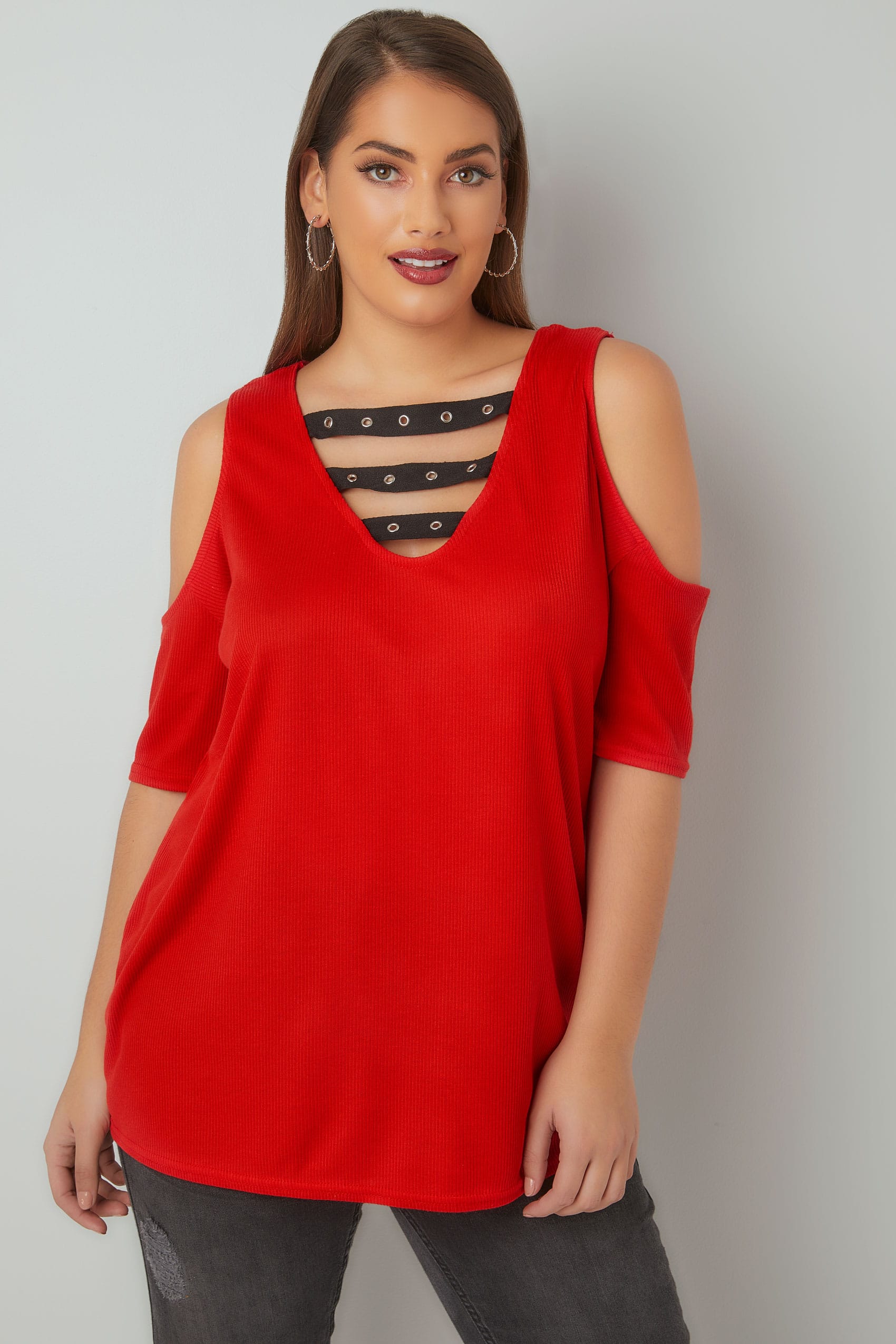 limited-collection-red-cold-shoulder-ribbed-top-with-eyelet-strap-detail-plus-size-16-to-32
