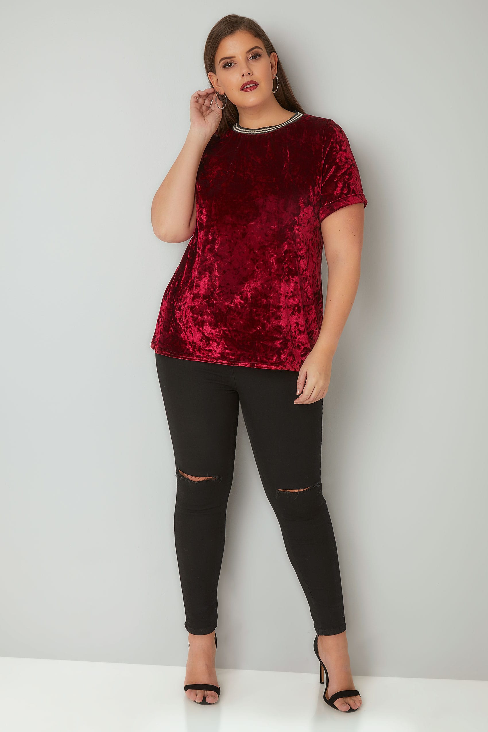 Limited Collection Red Crushed Velour Top With Tipped Trims Plus Size 16 To 32