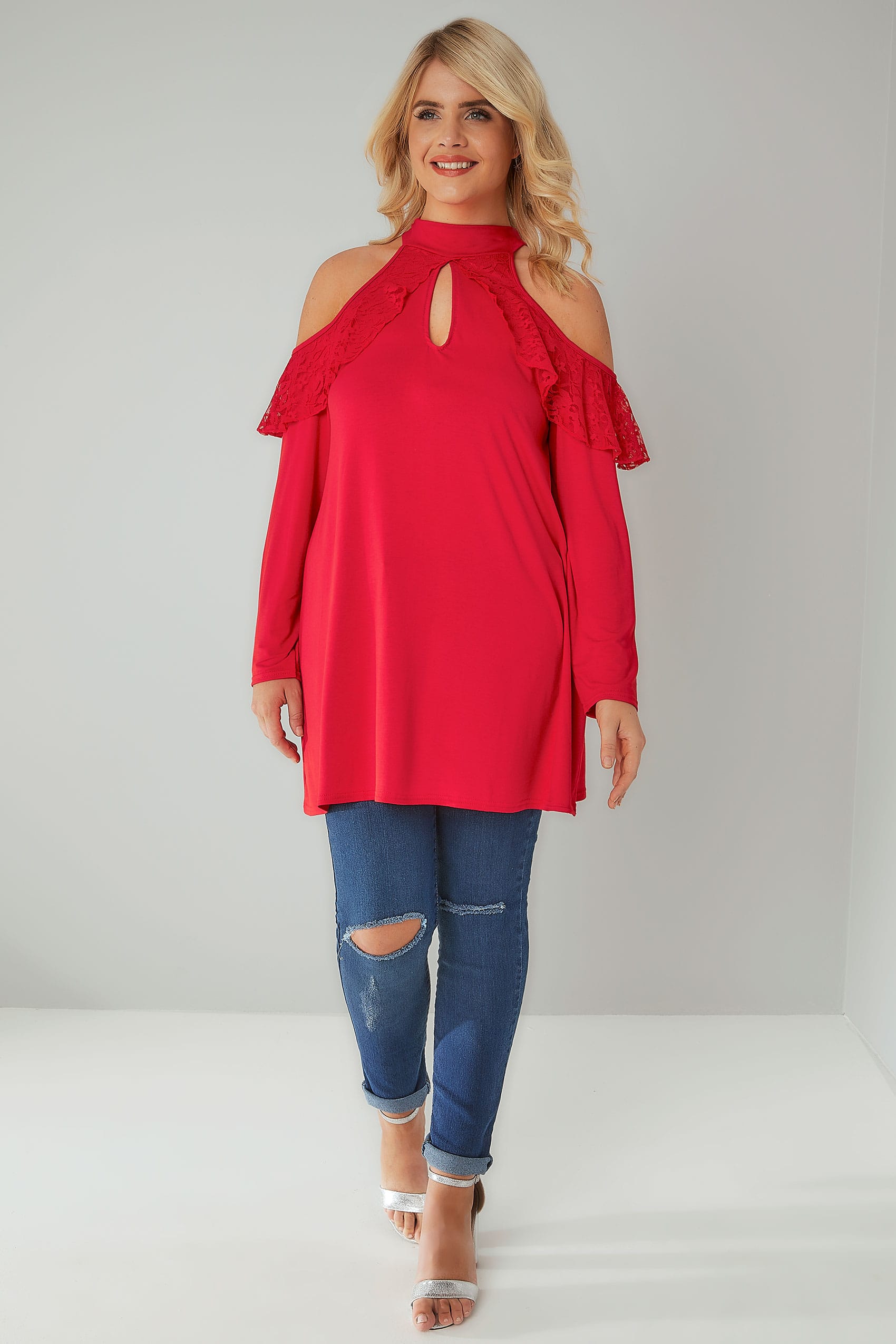 LIMITED COLLECTION Red Long Sleeve Cold Shoulder Top With Lace Detail ...