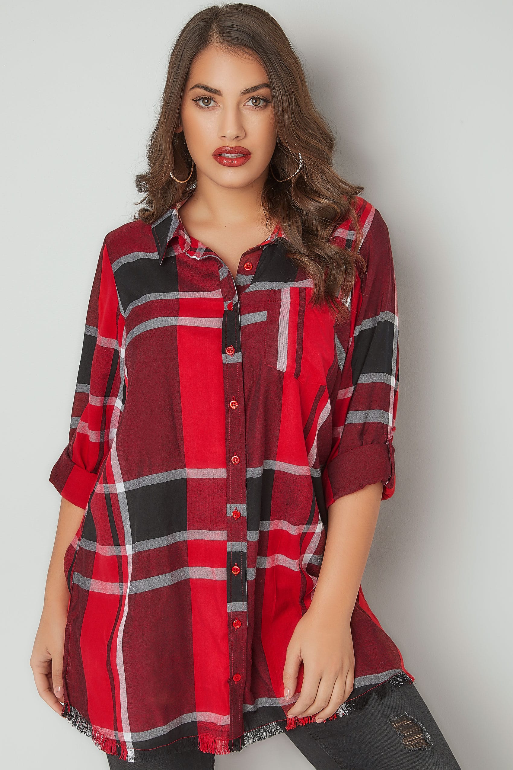 LIMITED COLLECTION Red & Multi Checked Shirt With Frayed Hem, Plus size ...
