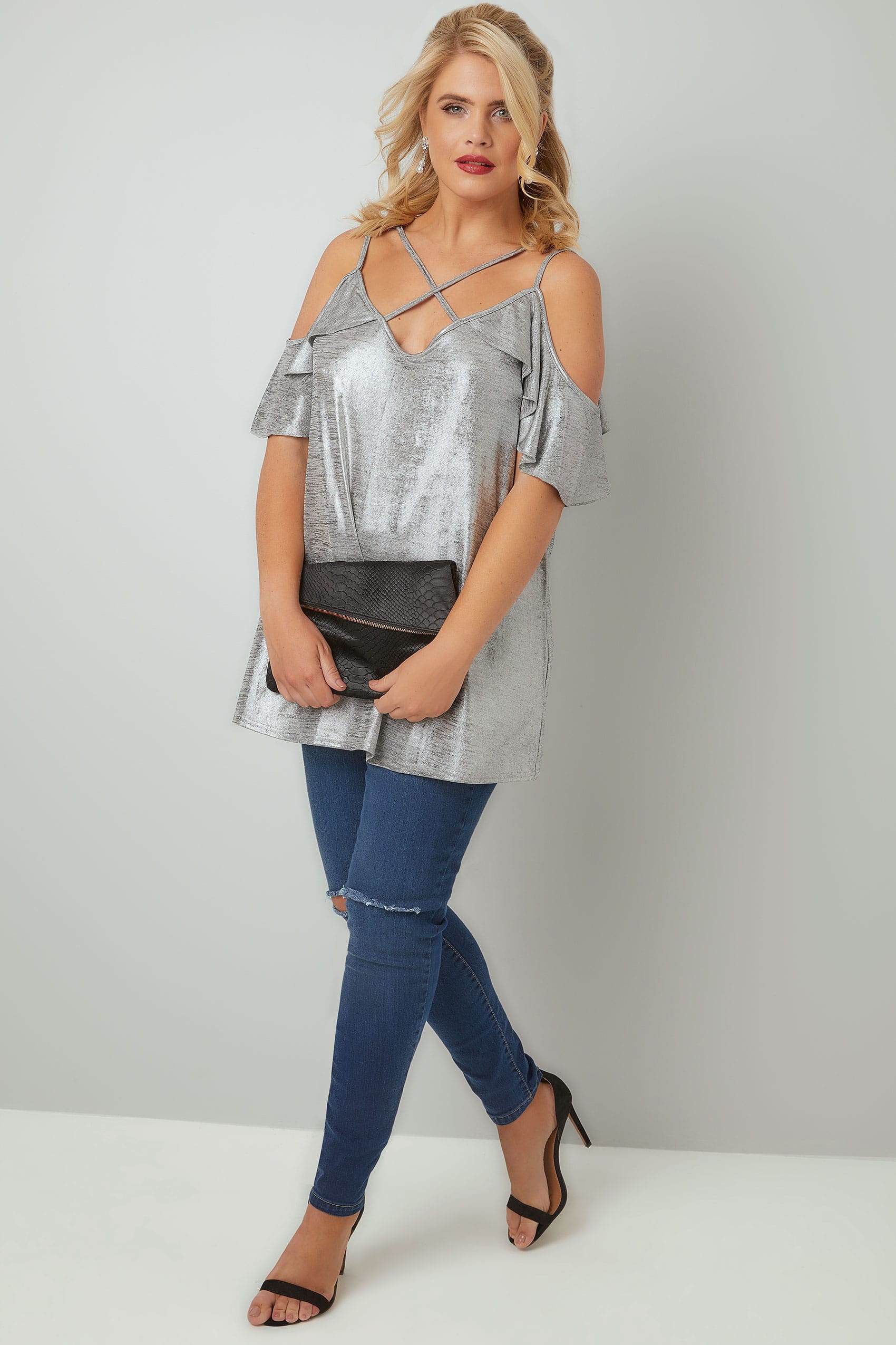 LIMITED COLLECTION Silver Metallic Cold Shoulder Top With Cross Over ...