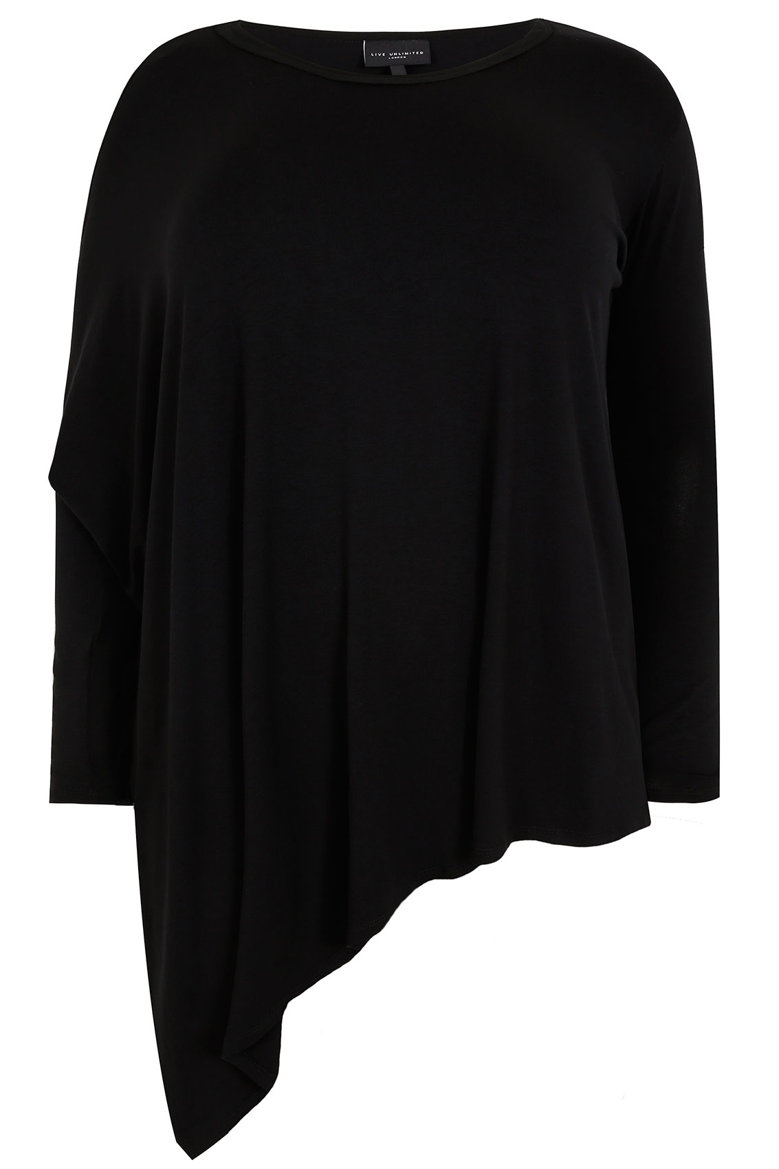 LIVE UNLIMITED Black Asymmetric Long Sleeve Jersey Top Plus Size 16 to 28