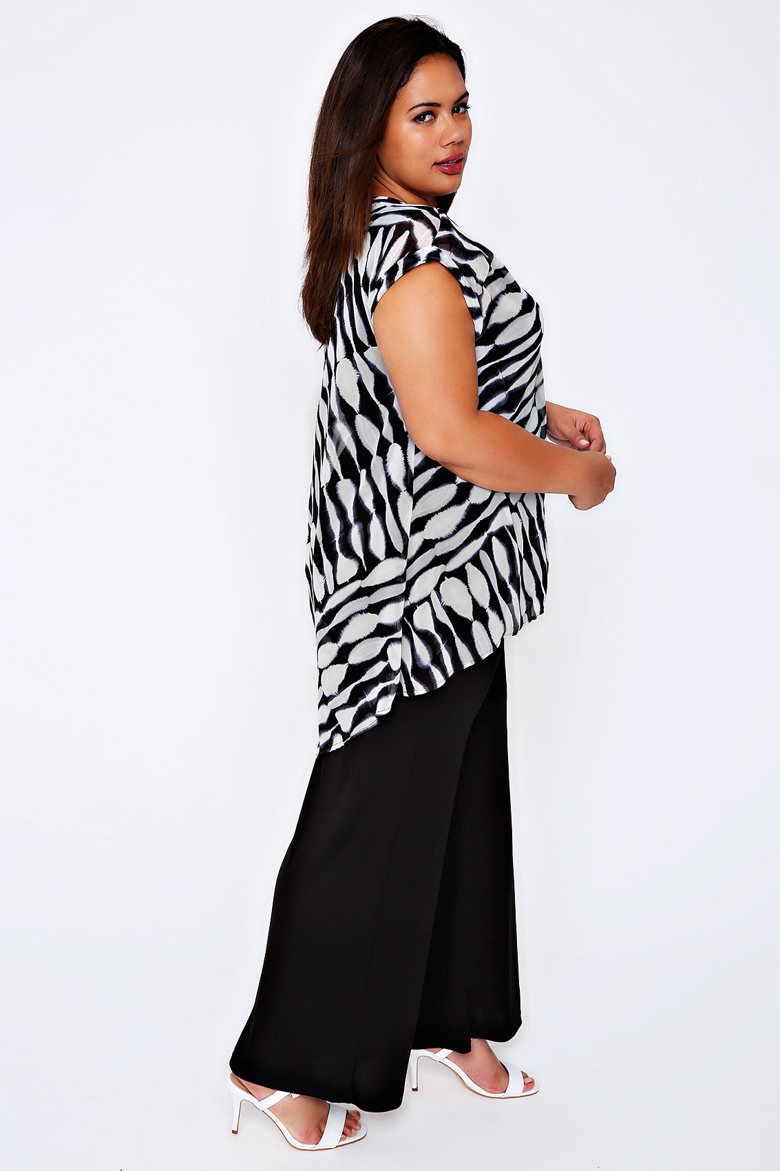 LIVE UNLIMITED Black & White Jumpsuit With Chiffon Overlay Plus Size 16 ...