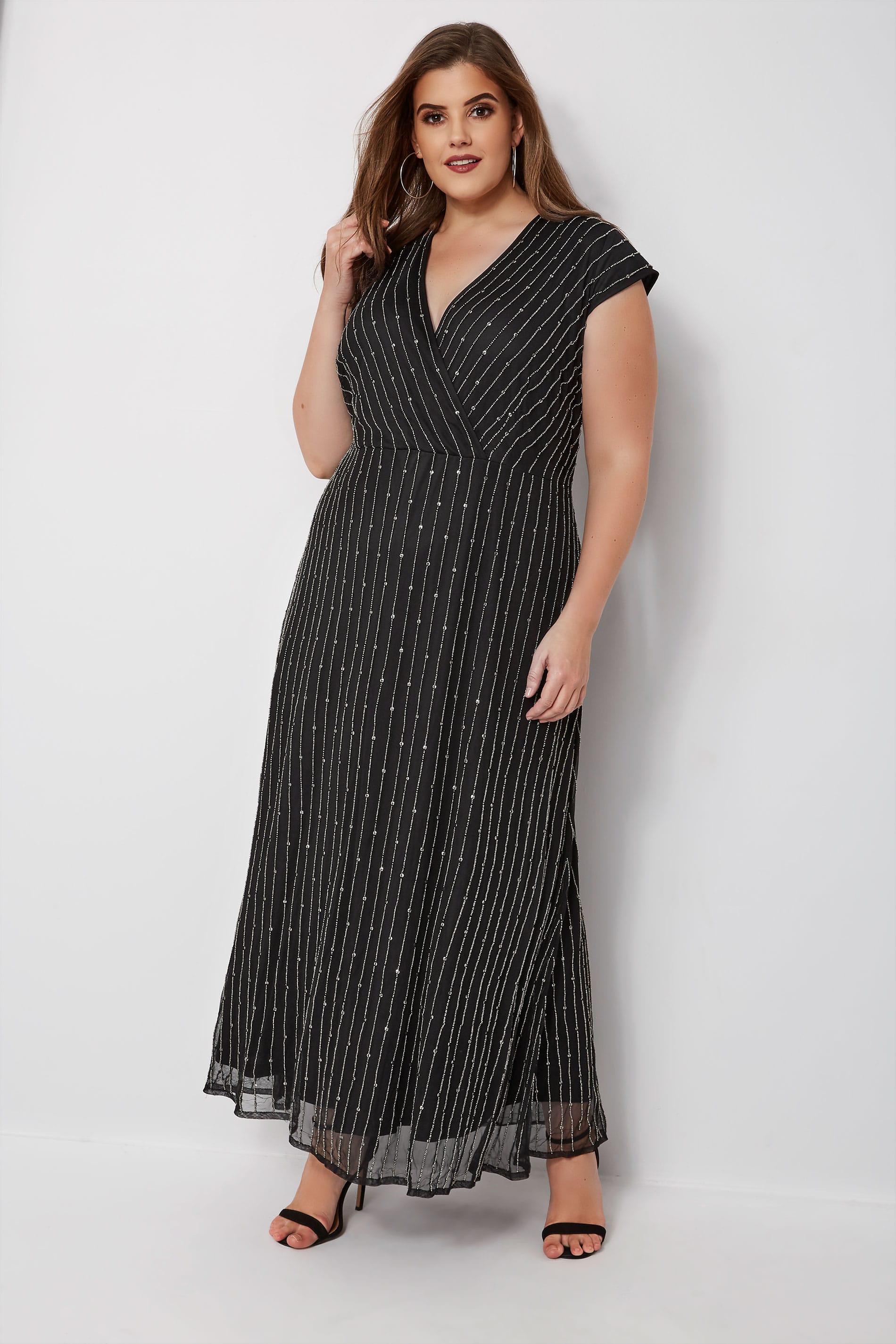 LUXE Black Wrap Over Embellished Maxi Dress, Plus size 16 to 32