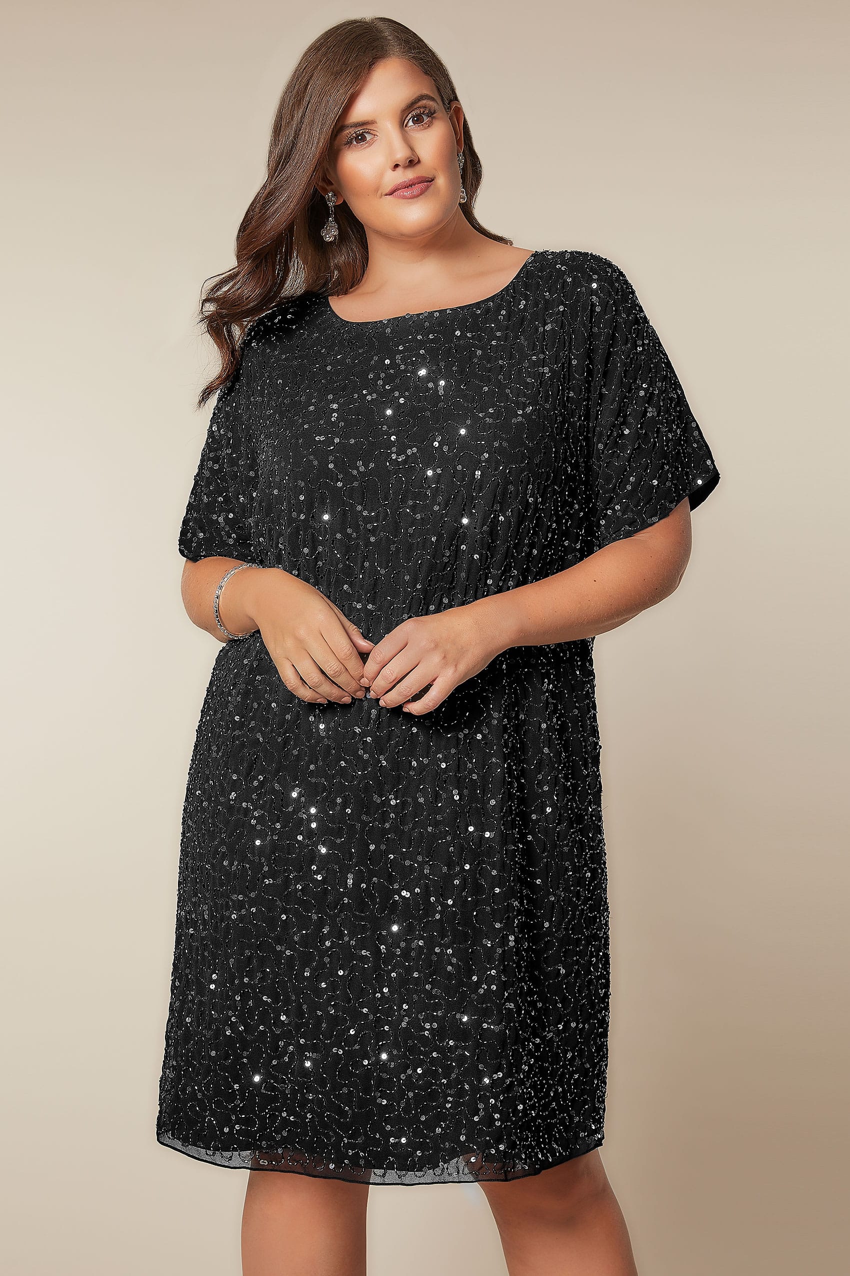 LUXE Black Sequin Cold Shoulder Cape Dress, plus size 16 to 32