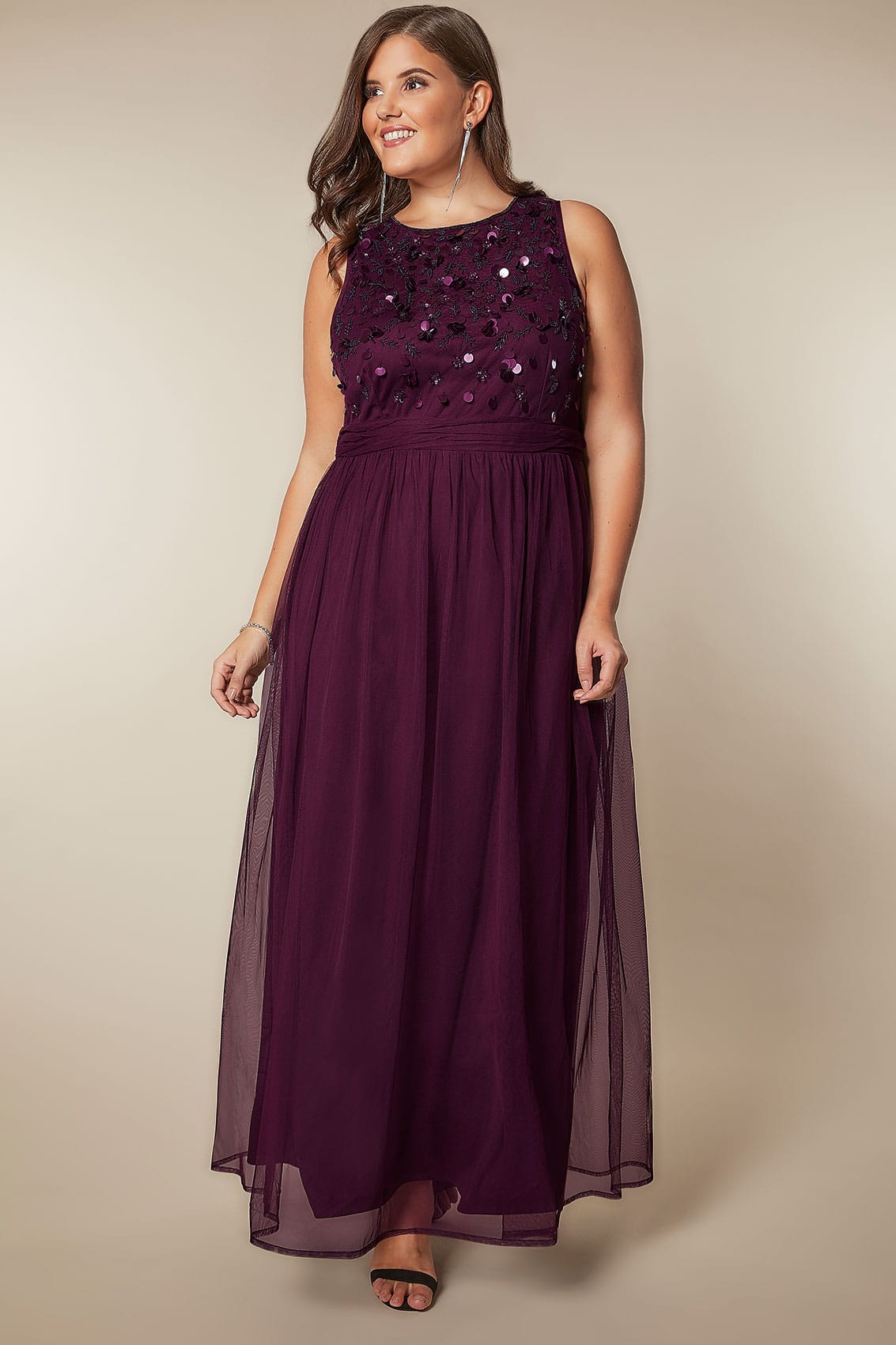 LUXE Dark Purple Bead & Sequin Embellished Maxi Dress, Plus size 16 to 32