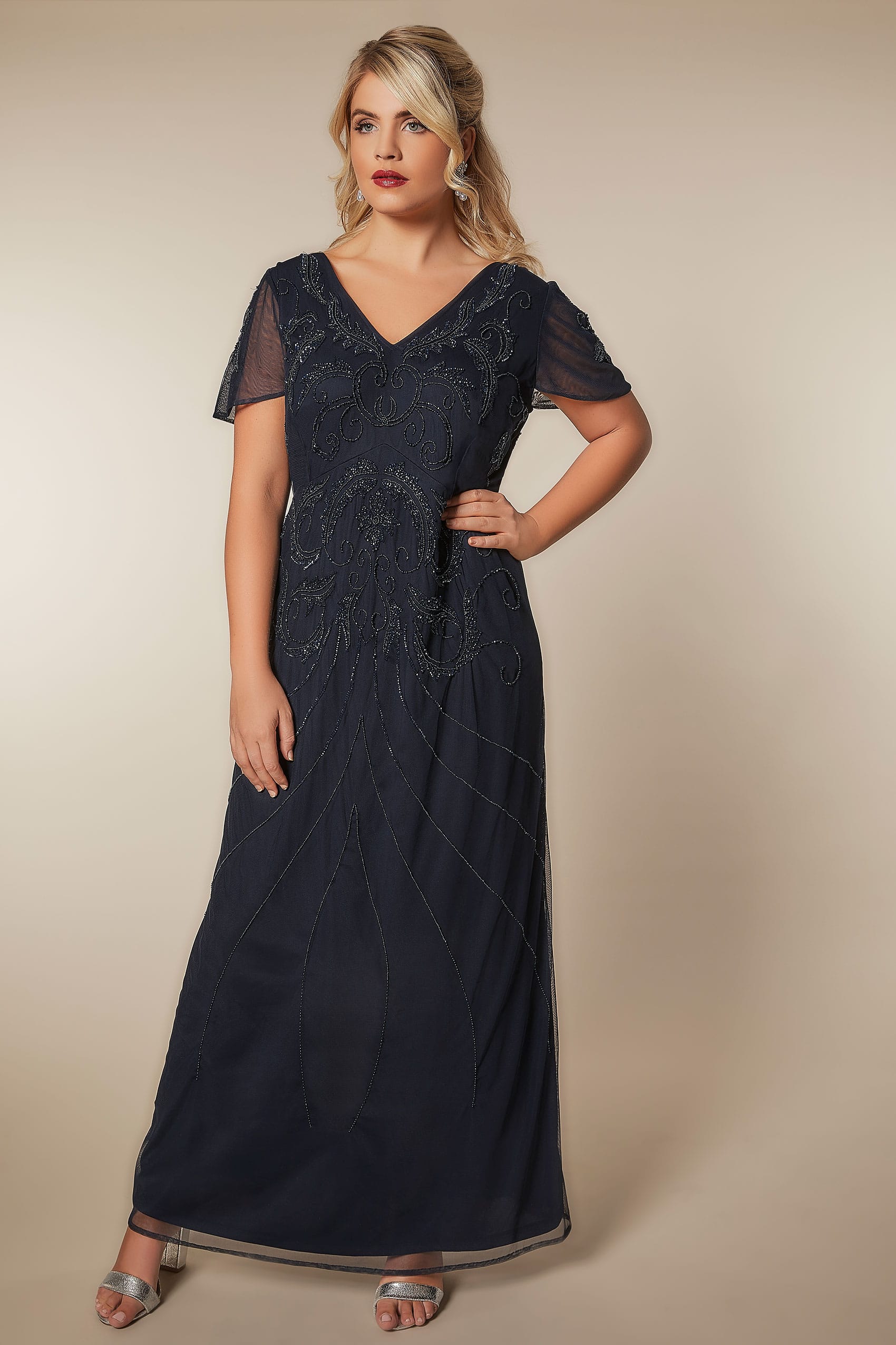 LUXE Navy Sequin Embellished Fully Lined Maxi Dress With V-Neckline ...