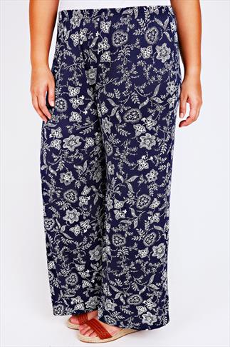 Navy & Terracotta Printed Wide Leg Trouser Plus Size 14 to 32