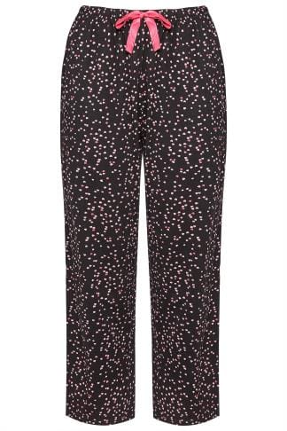 Black Crop Pyjama Bottoms With Lace Trim, Plus size 16 to 36