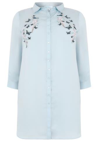 BLUE VANILLA CURVE Powder Blue Silky Maxi Shirt With Embroidered Detail ...