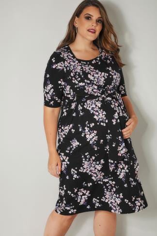 BUMP IT UP MATERNITY Navy & Peach Floral Print Dress With Half Sleeves ...
