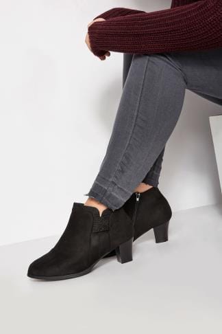 Black Faux Fur Trim Ankle Boots In TRUE EEE FIT