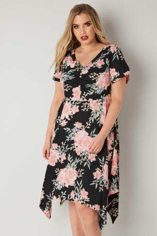 Navy, Pink & Grey Floral Print Skater Dress Plus Size 16 to 32