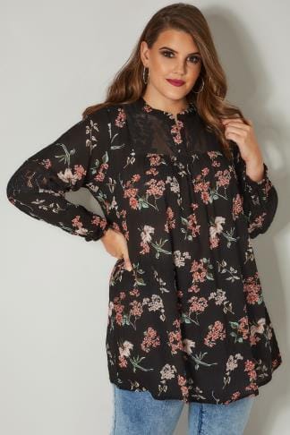 Black Amp Multi Floral Print Mesh Lace Longline Blouse Plus