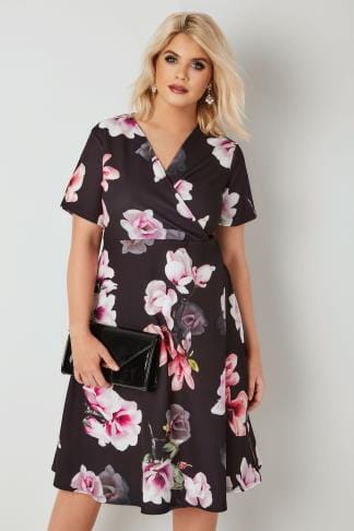 Navy & Multi Floral Print Wrap Maxi Dress, Plus size 16 to 36