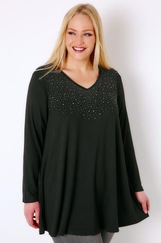 Grey Studded Star Print Fine Knit Top With Zip Back, Plus 
