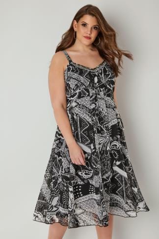 Black & White Geo Print Swing Dress, Plus size 16 to 36