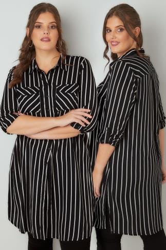 Black & White Stripe Longline Button-Up Shirt With Pockets plus size 16