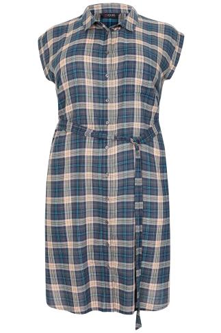 Blue & Pink Checked Button Through Shirt Dress With D-Ring Waist Tie ...