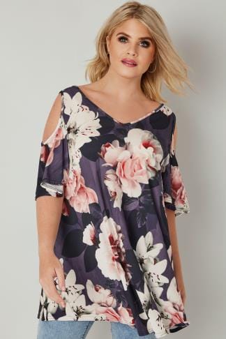Purple & Multi Cold Shoulder Floral Swing Top, Plus size 16 to 36