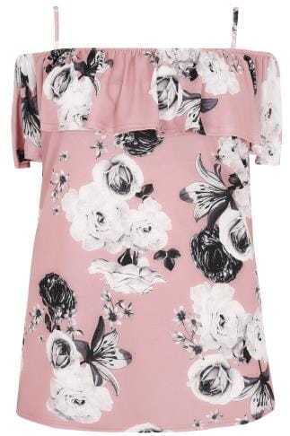 cami shoulder frilled dusky cold jersey floral grey pink