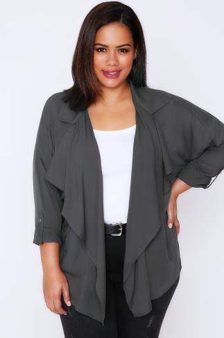 Navy Waterfall Crepe Jacket With 3/4 Rolled Sleeves Plus Size 16 to 32