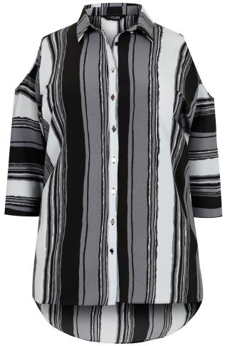 Grey Mix Stripe Cold Shoulder Shirt Plus Size 16 to 36