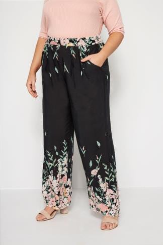 Black Crinkle Wide Leg Trousers With Ruched Elasticated Waist Panel ...