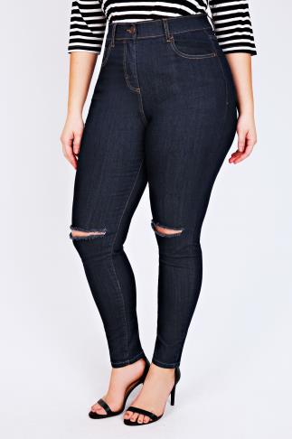 Black Stretch Skinny Jeans With Ripped Knee plus Size 14 to 28