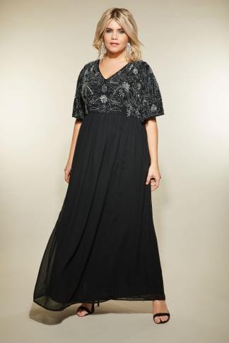 Black And Blue Peacock Feather Print Maxi Dress Plus Size 16 to 32