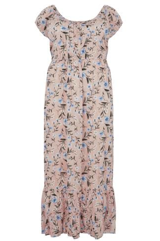 Black & Pink Feather Print Sleeveless Maxi Dress, Plus size 16 to 36