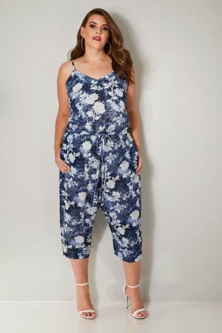 Navy Blue Floral Print Jumpsuit, plus size 16 to 36