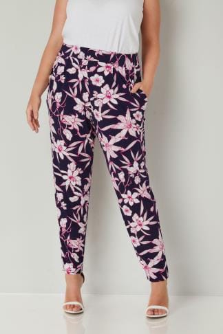 Black & Multi Hibiscus Palm Print Harem Trousers, Plus size 16 to 36