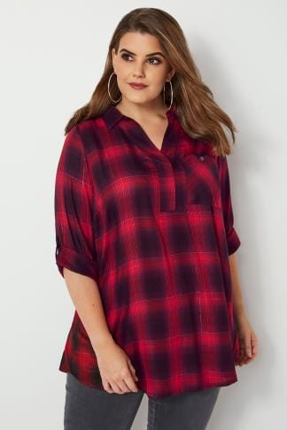 Grey & Pink Oversized Check Shirt With V-Neck plus size 16 to 36