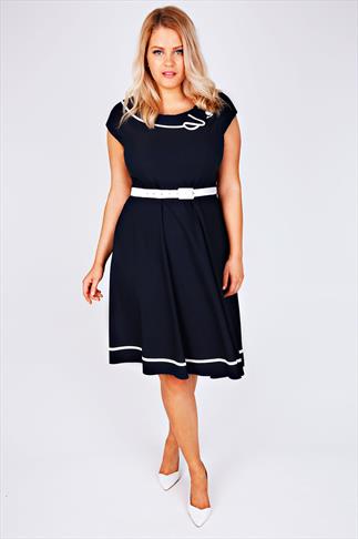 Black Ponte Skater Pinafore Dress With Pockets Plus Size 14 to 32