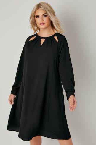Black Jersey Short Sleeve Dress With Drop Pockets Plus Size 16 to 36