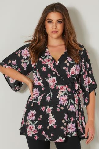 Navy & Pink Floral Print Gypsy Top With Bell Sleeves, plus size 16 to 36