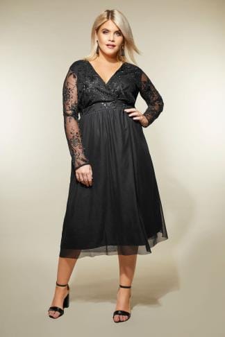 Black Chiffon Maxi Dress With Embellished Waist, Plus size 16 to 32